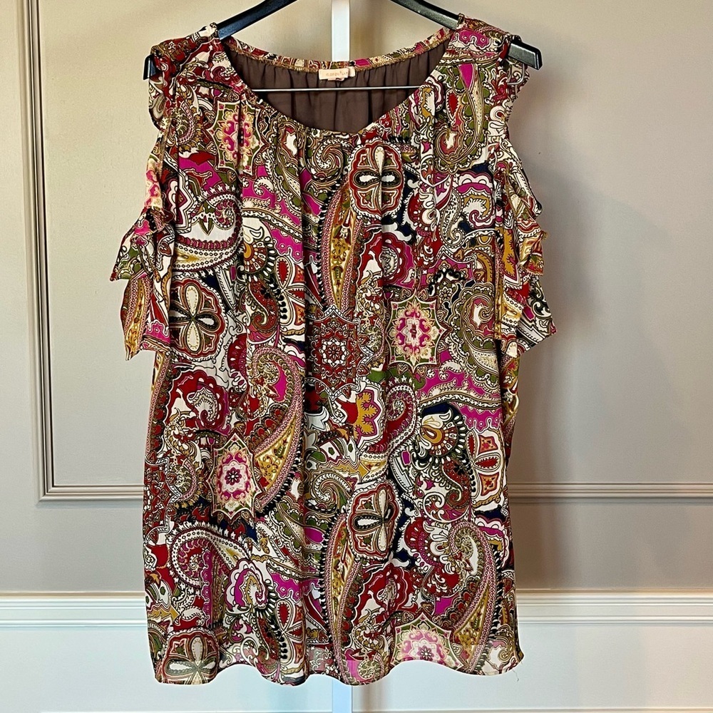 Gibson Latimer 2X Paisley Top Blouse Ruffle Pink Cold Shoulder Peasant Boho